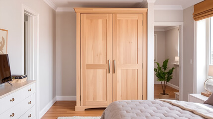 Light wood double door wardrobe in modern bedroom.