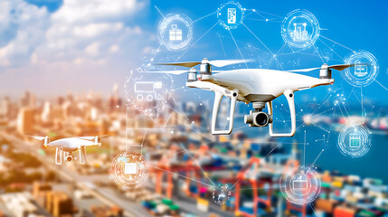 Obraz na płótnie Canvas Drone technology advancements in urban logistics aerial view of shipping port digital innovations modern city environment