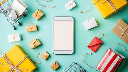 Online shopping essentials mobile phone surrounded by colorful gift boxes modern aesthetic flat lay view