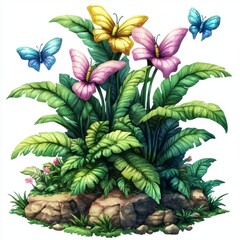 Obraz premium Enchanted Butterfly Garden Tropical Plants and Colorful Butterflies