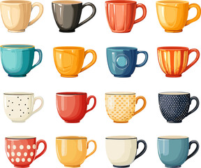 Tea and coffee colorful cups collection.