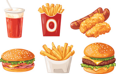 Burger, hotdog, cola, potato and fries. Fast food products set.