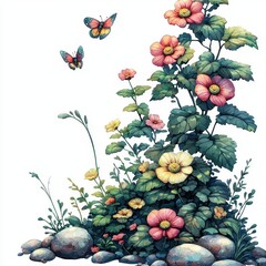 Vibrant Floral Arrangement with Butterflies on Rocks