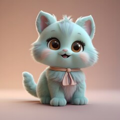 3D Cute Pastel Cat Character with Fluffy Fur and Big Expressive Eyes on Soft Color Background &ndash; Adorable Fantasy Animal Illustration