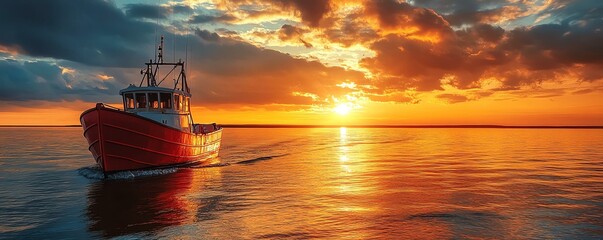Naklejka premium A vibrant sunset casts warm hues over the calm waters as a fishing boat gently navigates the tranquil sea