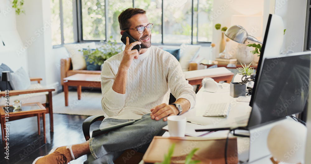 Poster Remote work, computer and man with phone call for discussion, networking and listen to news source. Freelancer, journalist and mobile at home for article questions, information and facts verification