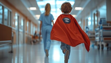 A young child clad in an orange cape dashes down the hospital hallway, with his nurse, dressed as a superhero in blue with a mask, standing ahead of him. The boy is viewed from behind