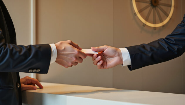 Hotel guest tipping staff, exchanging money at the reception desk  