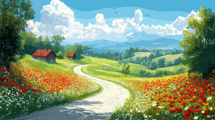 Landscape with flowers and mountains. Field with flowers. Rural scene.