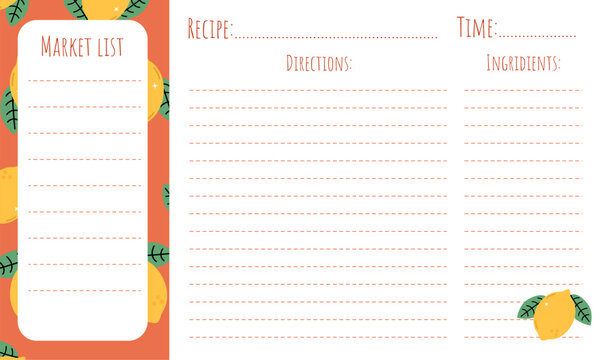 A page template for recipe entries and grocery list. Pattern with lemonsA page template for recipe entries and grocery list. Pattern with lemons