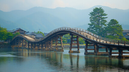  traditional wooden bridge and modern suspension bridge