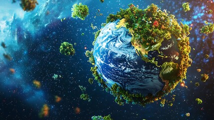 Earth covered in lush vegetation, a beautiful, stylized representation of our planet.  Detailed image shows continents and oceans with dense foliage