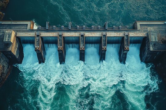 An aerial view of a dam with flowing water demonstrates the power of hydropower in energy production. The structure showcases engineering and environmental interaction.