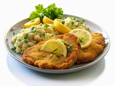Juicy Wiener Schnitzel on a Plate with Potato Salad and Lemon Wedge