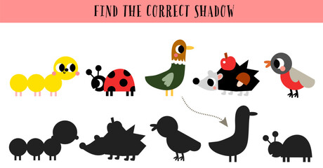 Forest woodland activity puzzle shadow search matching exercise game vector. Printable worksheet learning study page nursery childish activity playful minimalist scandinavian mushroom plants