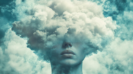 Retro, vintage, abstract collage portrait of a faceless man with a huge, soft, white cloud on her head. What is in your head? Illustration