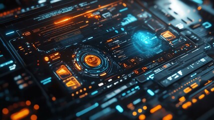 Obraz premium Futuristic digital interface showcasing advanced controls and graphical elements with glowing lights, perfect for themes of innovation, automation, and modern technology.