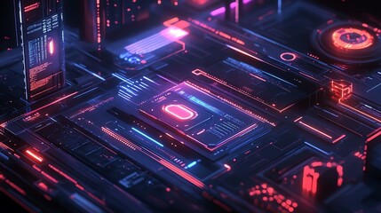 Fototapeta premium Futuristic digital interface showcasing vibrant neon patterns, circuits, and data flow