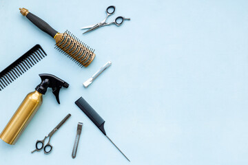 Beauty concept. Hairdresser and barber accessories and tools, top view