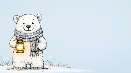 Fototapeta premium Whimsical illustration of a polar bear holding a lantern in its paws in a snowy landscape