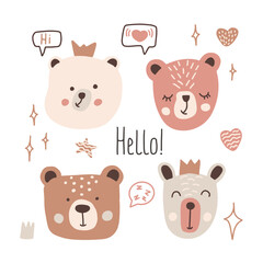 Cute hand drawn bear faces set with speech bubbles and decorative elements in pastel tones. Vector illustration