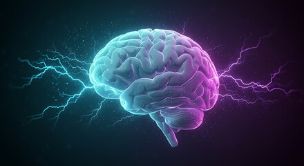 Glowing Human Brain with Lightning Strikes Illustrates Mind Power and Intelligence
