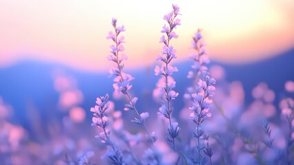 Obraz premium Pastel Purple Flowers at Sunset Field
