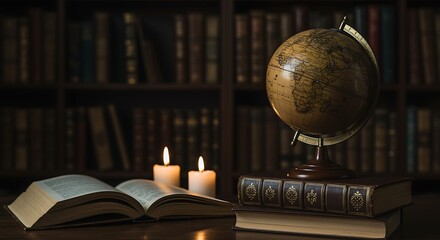 Studying Antique Globe and Books with Candlelight in a Dark Library