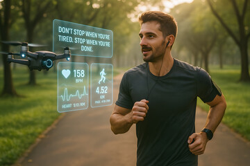 Runner tracking fitness stats with drone and smartwatch in park at sunrise using futuristic technology and motivational display while exercising outdoors