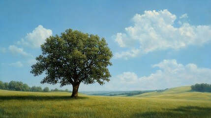Majestic lone tree in a vast green field under a clear blue sky, symbolizing tranquility and nature’s beauty

