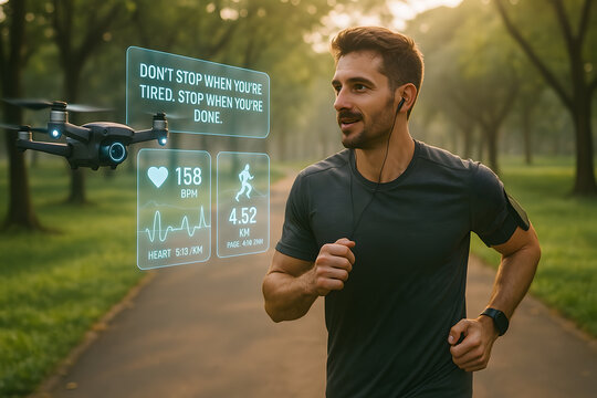 Runner tracking fitness stats with drone and smartwatch in park at sunrise using futuristic technology and motivational display while exercising outdoors