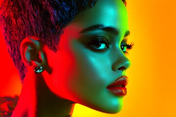 Attractive calm mixed-race girl - for ads, brochure and social platforms use. Commercial ad campaign creative design idea design. Short haircut - multicolored hair. Bold glam ideas. Glam look.