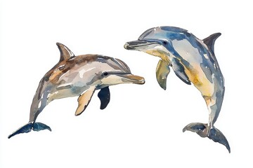 Fototapeta premium Two dolphins playfully interacting, showcasing their graceful movements and unique colors.