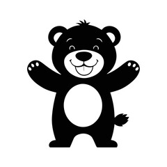 A black and white vector silhouette of a baby bear standing on its hind legs with a cute and friendly smile on a white background.
