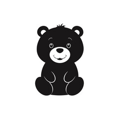 A minimalistic black and white vector illustration of a baby bear tilting its head with an adorable, smiling expression on a clean white background.