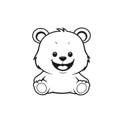 A black and white vector silhouette of a baby bear with a wagging tail and a happy face on a white background