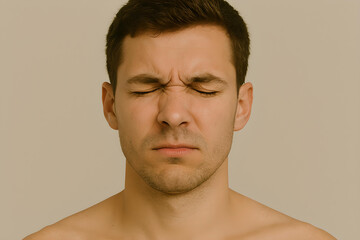 A young white man is experiencing blepharospasm with her eyes tightly shut and facial muscles tensed.