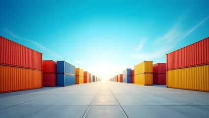 Fototapeta premium Global Commerce in Motion: Stacked Containers Under a Clear Blue Sky