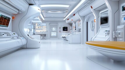 Obraz premium Sleek and modern interior of a futuristic spacecraft featuring a clean geometric design with a central control panel digital interfaces and minimalist lighting elements