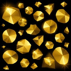 Golden reflections in various shapes chaotically placed on a black background (modern art). Generated AI