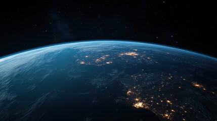 Obraz premium Stunning View of Earth from Space with City Lights Visible at Night Over Ocean and Clouds Above the Atmosphere