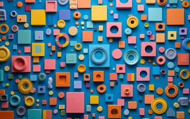 Colorful geometric shapes arranged on a vibrant blue background for decorative purposes in a modern art installation