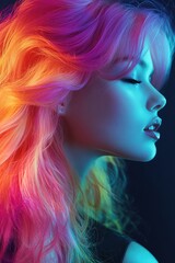 Vibrant Spectrum: A portrait of a woman with colorful hair. The woman, features are illuminated with a gradient of hues, radiating a spectrum of vibrant, multicolored shades.