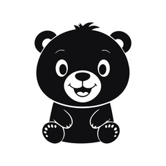A black and white vector silhouette of a baby bear playfully rolling on its back with a joyful expression on a white background
