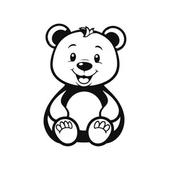 A simple black and white vector illustration of a baby bear sitting with its arms open and a big, happy smile on a white background