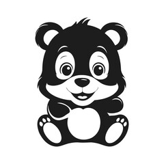 A sleek black and white vector illustration of a baby bear looking up with bright eyes and a joyful smile on a white background