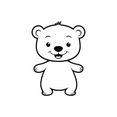 A black and white vector silhouette of a baby bear tilting its head with a playful grin on a white background
