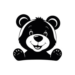 A simple black and white vector silhouette of a baby bear waving its paw with a cute smile on a clean white background
