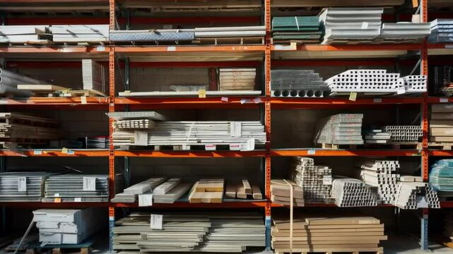 Warehouse interior with shelves filled with construction materials such as pipes, planks and boards. Suitable for advertising construction stores, warehouse management training videos, 
