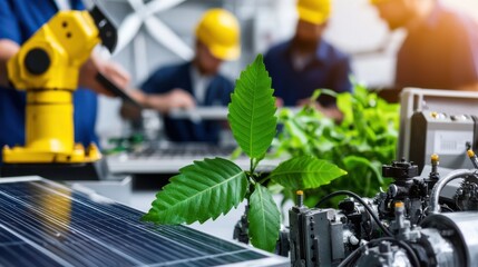 Robotic arm tenderly caring for a lush green plant in a high tech modern workshop setting showcasing a fusion of nature and advanced technology for sustainable innovation
